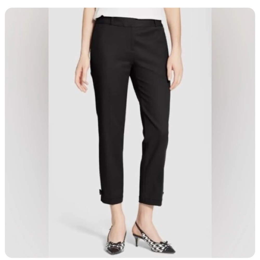 KATE SPADE Jackie Dress Pants Bow Cuff Gold Stud Black Cropped Capri